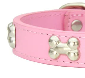 Pink leather dog collar with bones