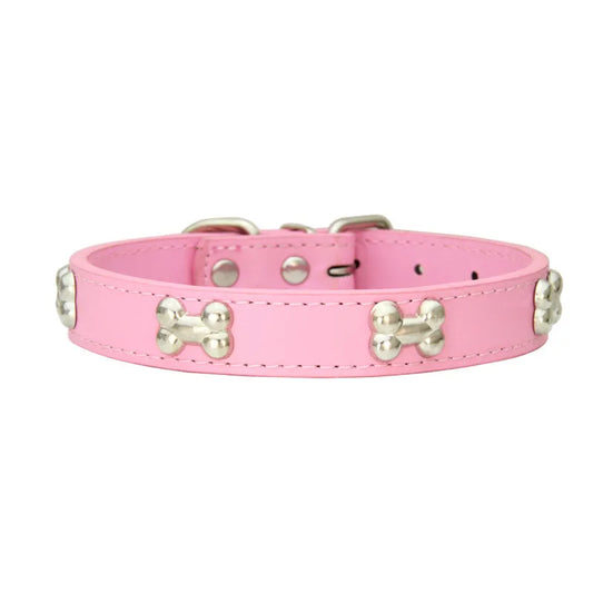 Pink leather dog collar with bones